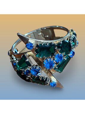 Gold Tone Hinged Bangle Green Blue Rhinestone Art Deco Statement Bracelet Vintag